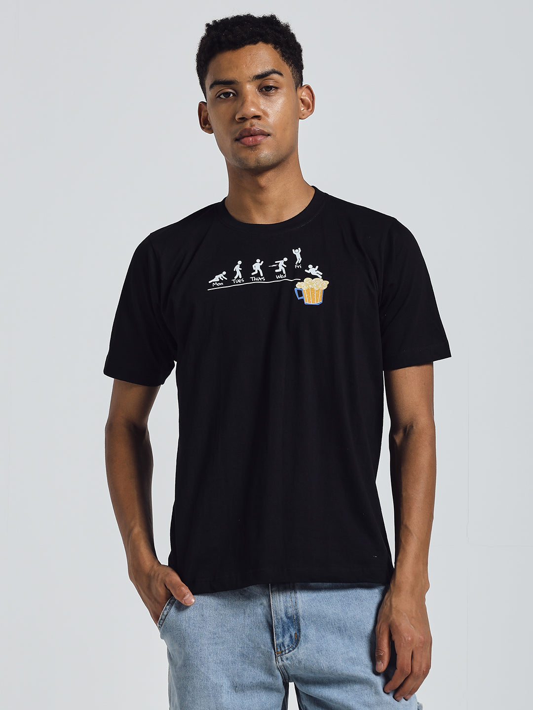 Black Regular Fit Round Neck Cotton T-Shirt – Beer Print