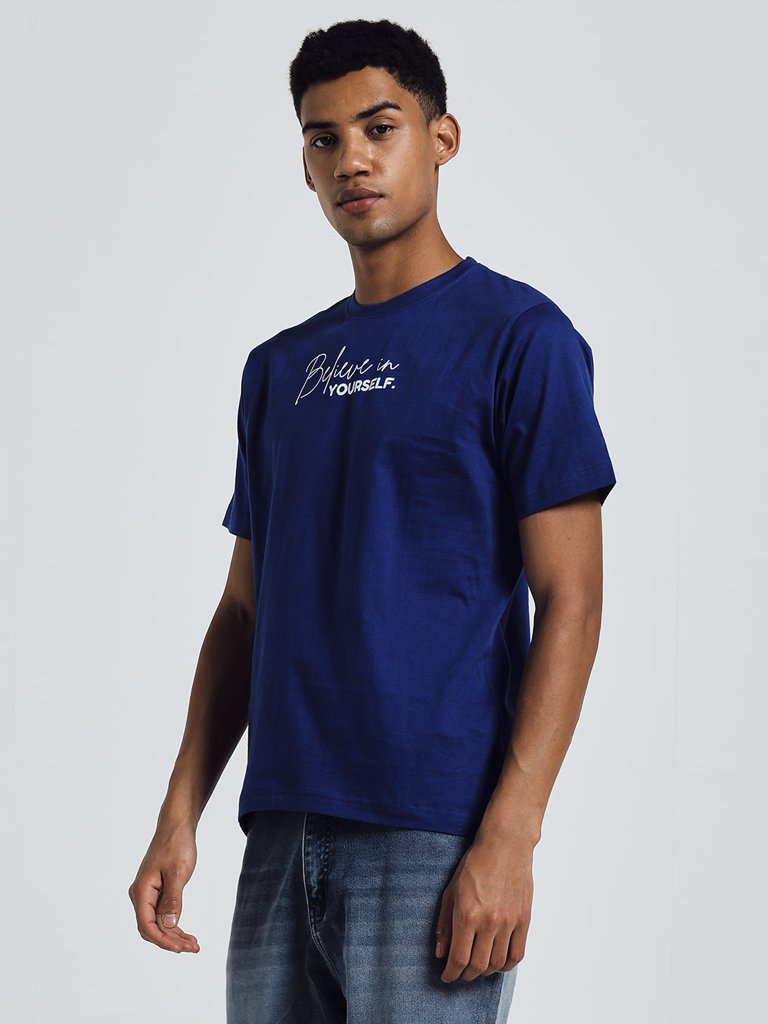 Blue Regular Fit Round Neck Cotton T-Shirt – Believe in Yourself Print