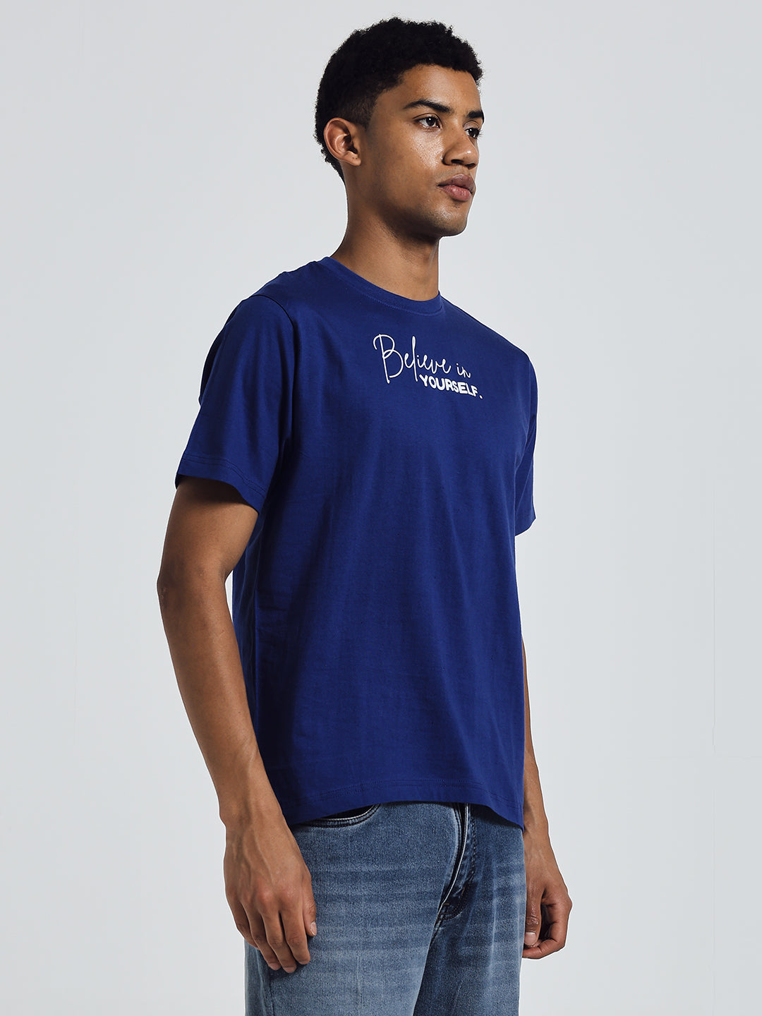 Blue Regular Fit Round Neck Cotton T-Shirt – Believe in Yourself Print