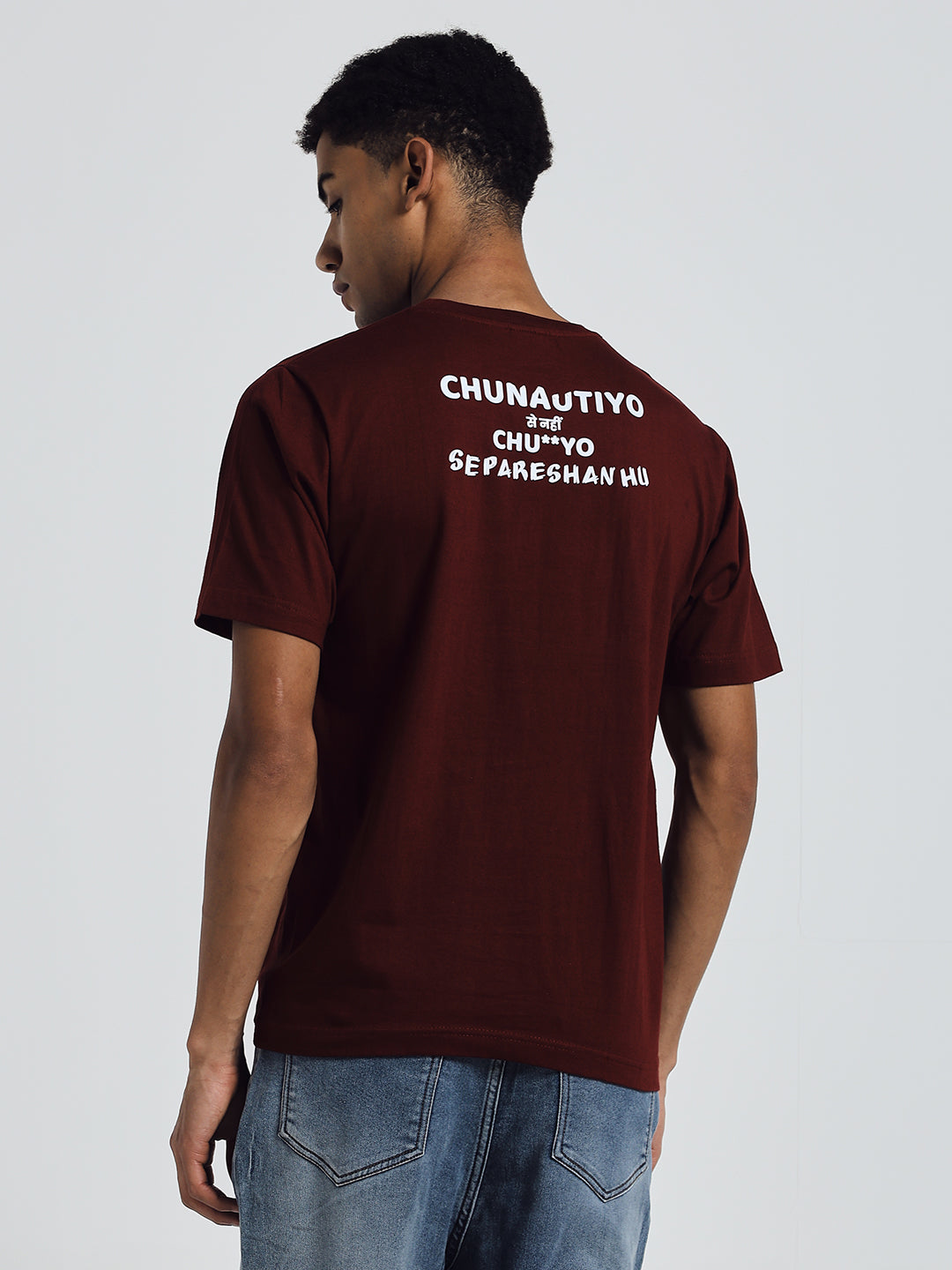Maroon Regular Fit Cotton T-Shirt – Funny & Bold Hindi Print