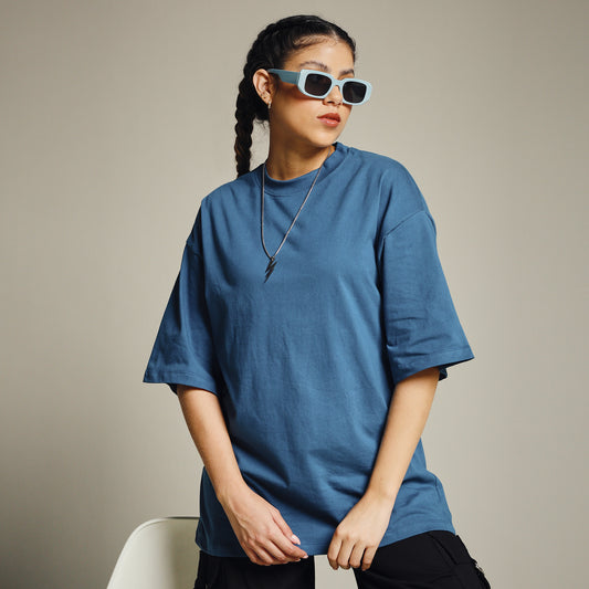 Teal Green Oversized Cotton T-Shirt for Women – Round Neck | Relaxed Fit