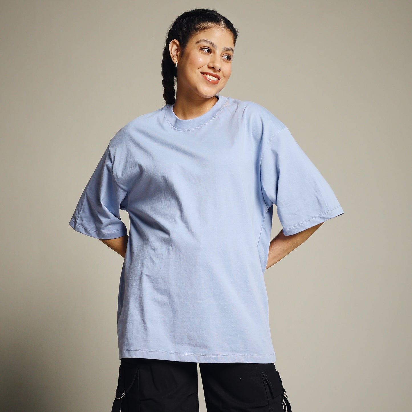Grey Oversized Cotton T-Shirt for Women – Round Neck | Minimal & Comfy