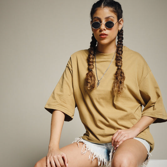 Mustard Oversized Cotton T-Shirt for Women – Round Neck | Streetwear Style