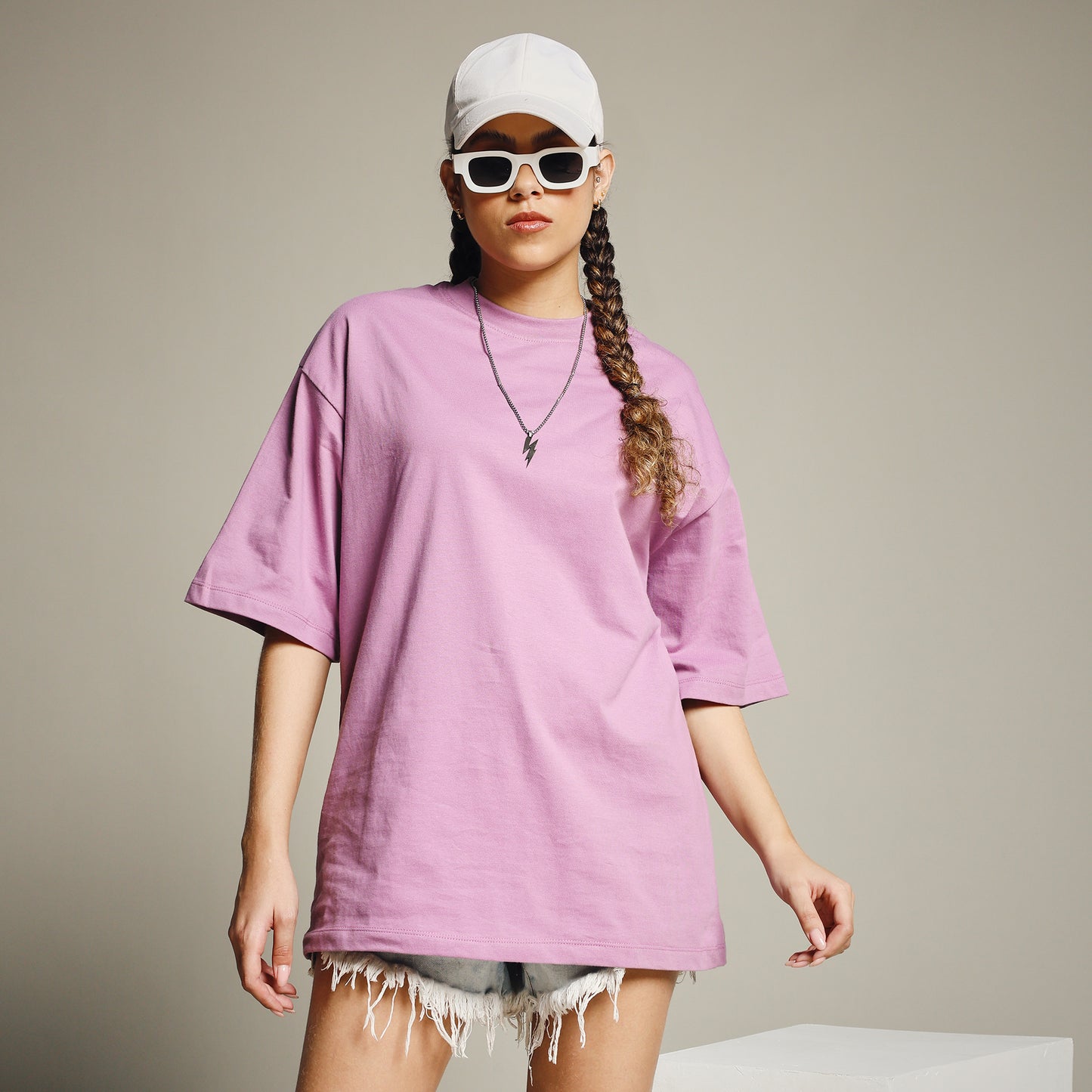 Pastel Violet Oversized Cotton T-Shirt for Women – Round Neck | Soft & Trendy