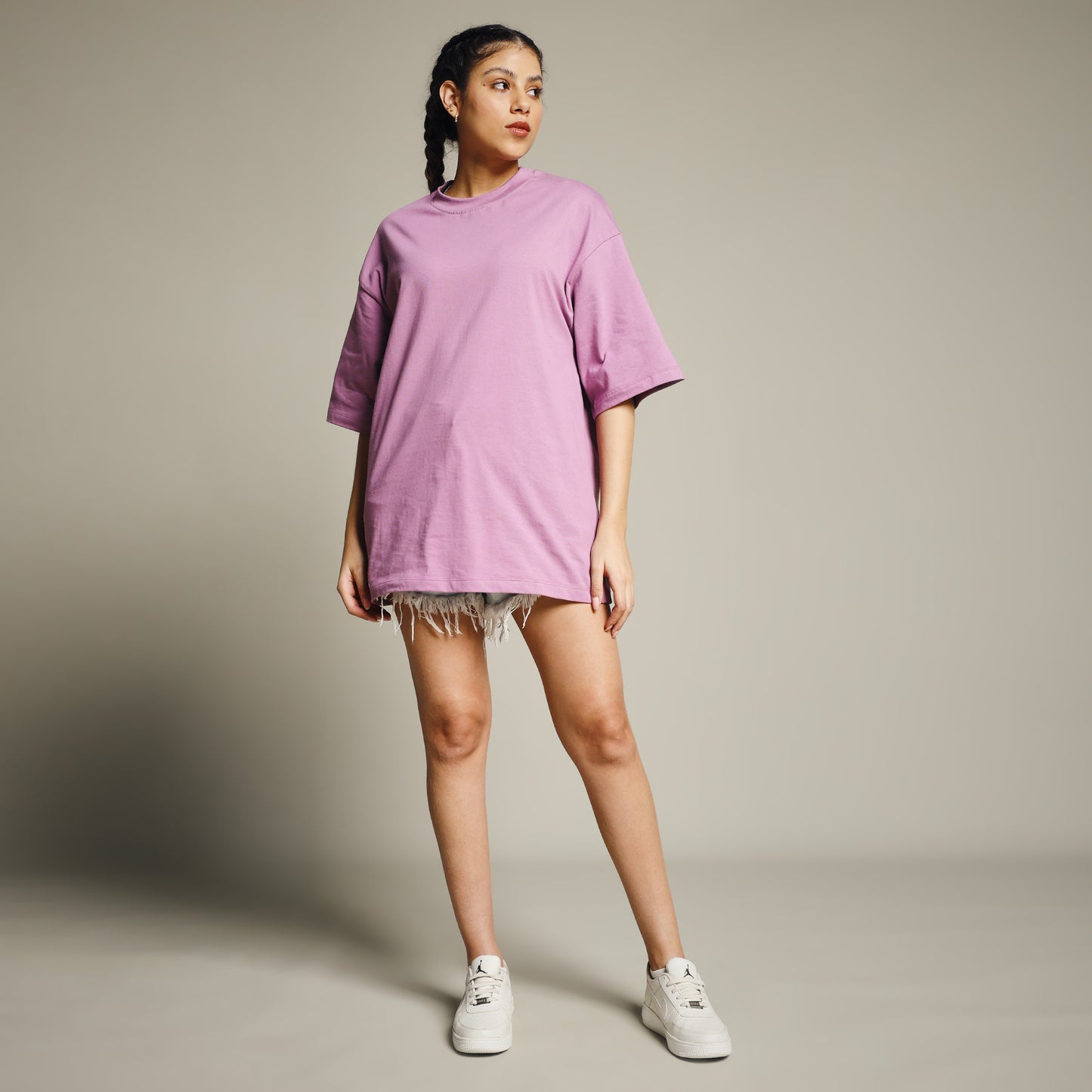 Pastel Violet Oversized Cotton T-Shirt for Women – Round Neck | Soft & Trendy
