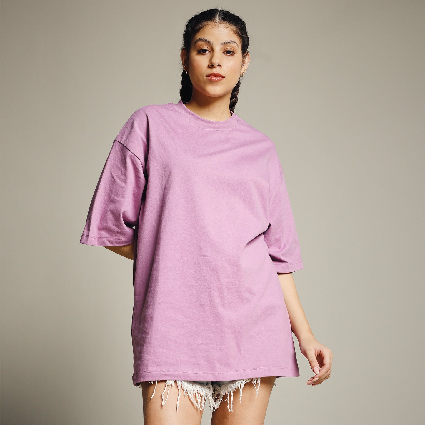 Pastel Violet Oversized Cotton T-Shirt for Women – Round Neck | Soft & Trendy