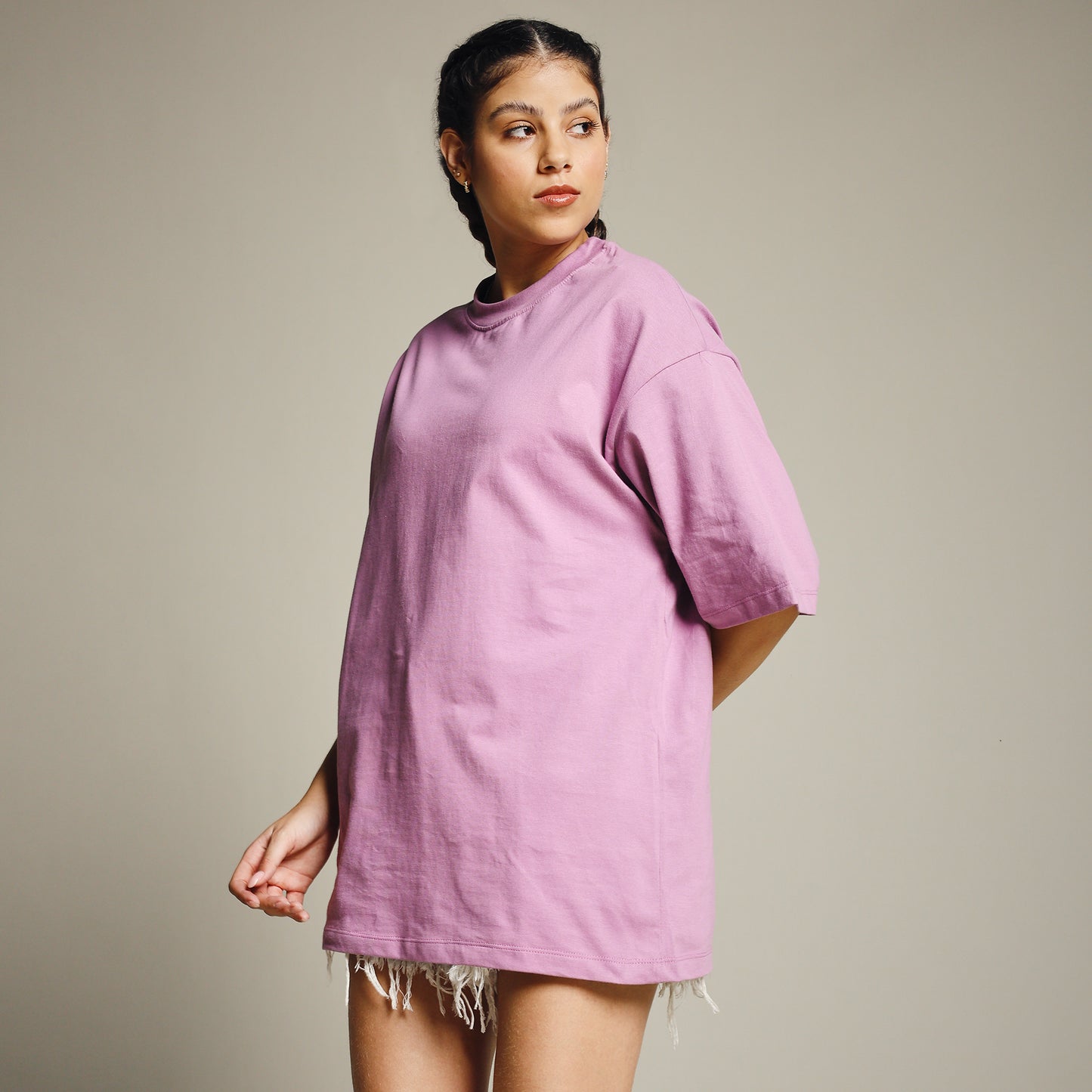 Pastel Violet Oversized Cotton T-Shirt for Women – Round Neck | Soft & Trendy