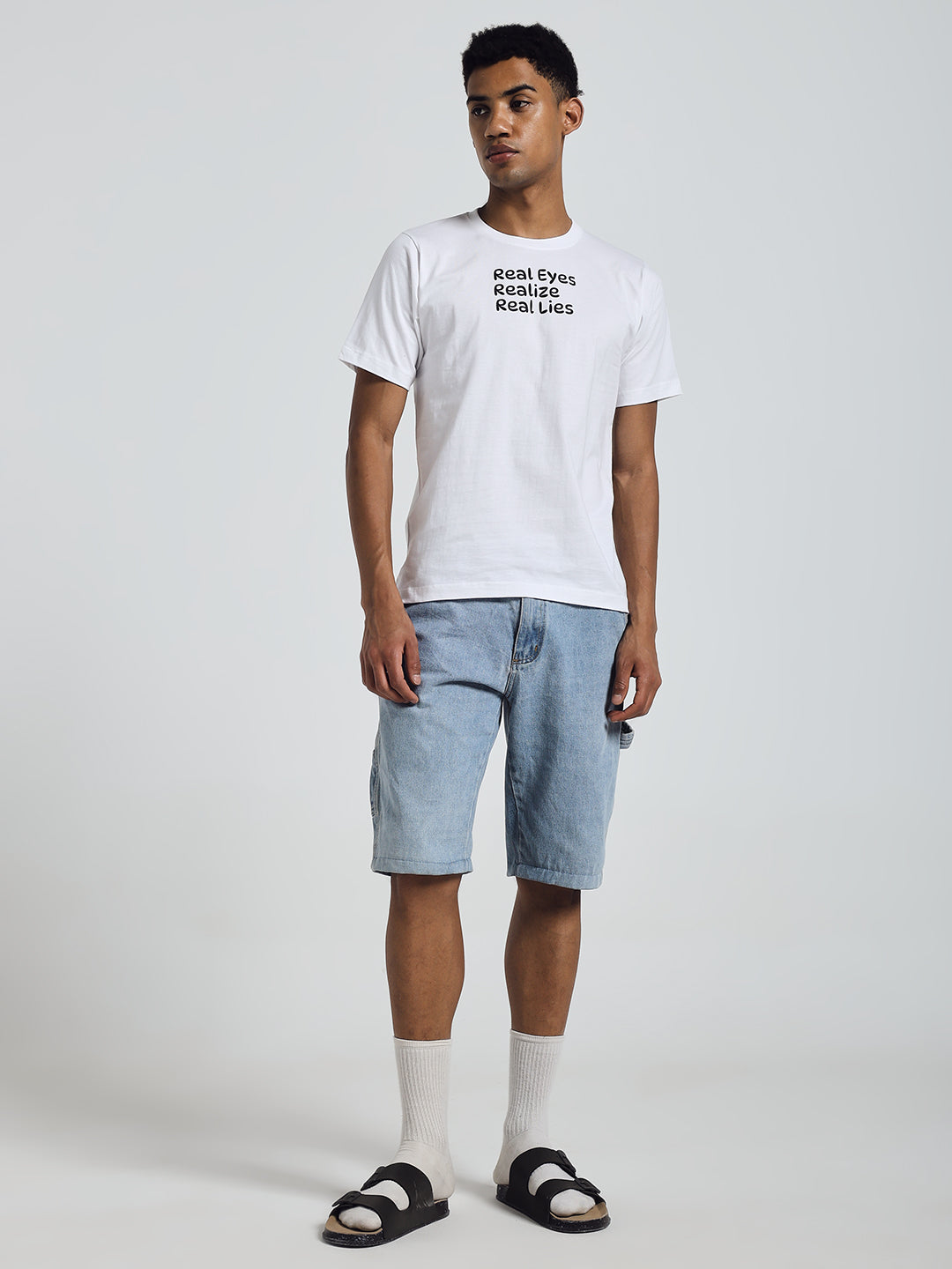 White Regular Fit Round Neck Cotton T-Shirt – "Real Eyes, Realize, Real Lies