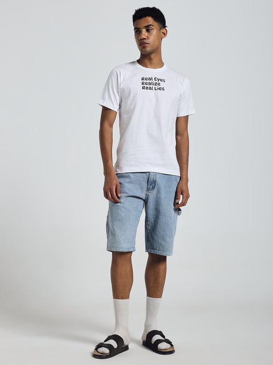 White Regular Fit Round Neck Cotton T-Shirt – "Real Eyes, Realize, Real Lies