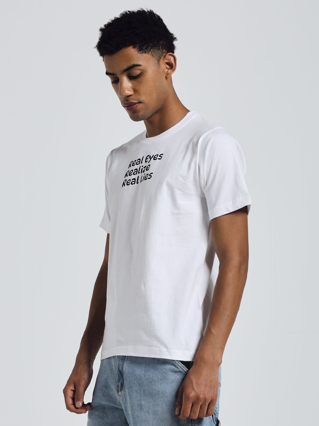 White Regular Fit Round Neck Cotton T-Shirt – "Real Eyes, Realize, Real Lies