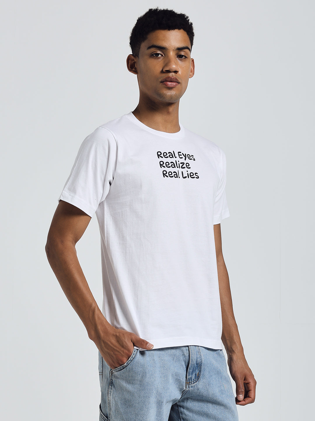 White Regular Fit Round Neck Cotton T-Shirt – "Real Eyes, Realize, Real Lies