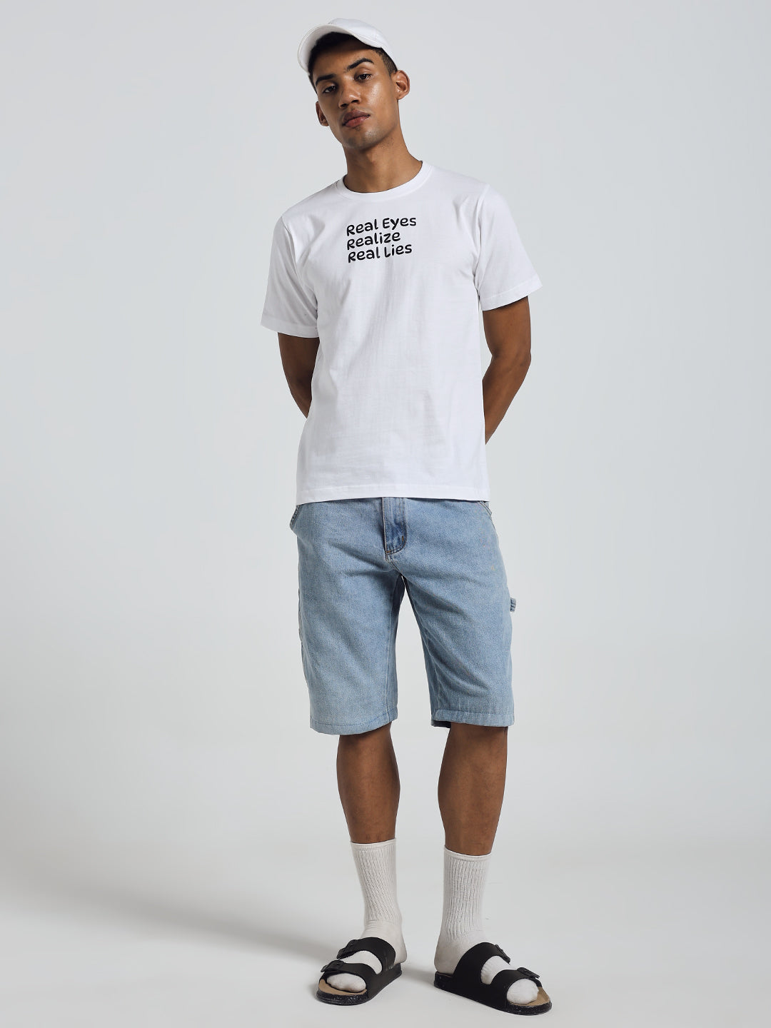 White Regular Fit Round Neck Cotton T-Shirt – "Real Eyes, Realize, Real Lies