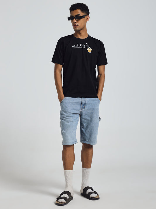 Black Regular Fit Round Neck Cotton T-Shirt – Beer Print