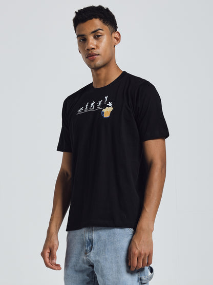 Black Regular Fit Round Neck Cotton T-Shirt – Beer Print