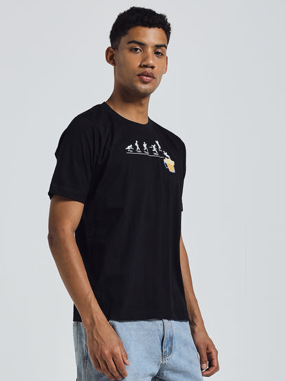 Black Regular Fit Round Neck Cotton T-Shirt – Beer Print