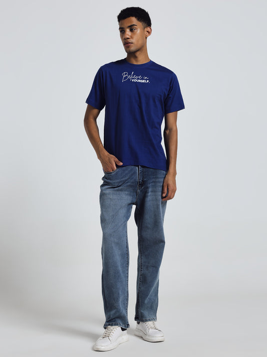 Blue Regular Fit Round Neck Cotton T-Shirt – Believe in Yourself Print