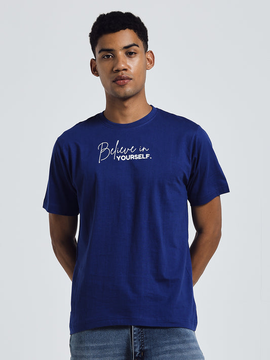 Blue Regular Fit Round Neck Cotton T-Shirt – Believe in Yourself Print