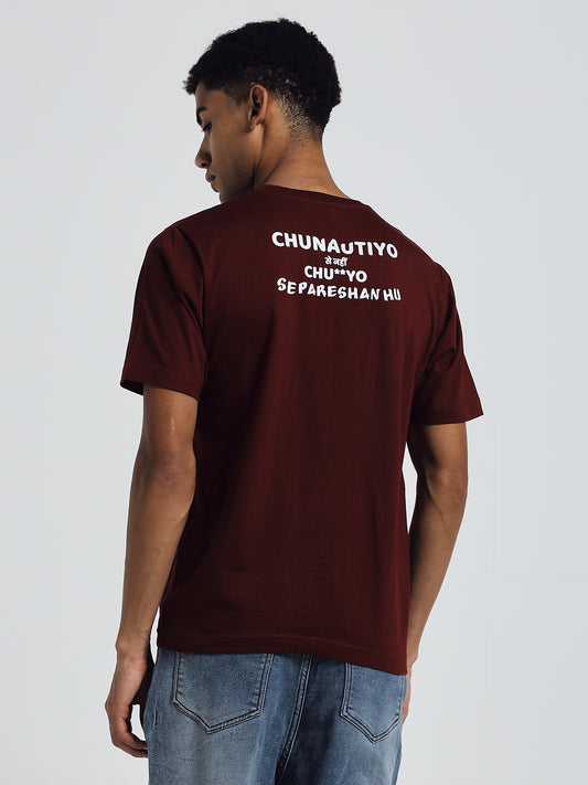 Maroon Regular Fit Cotton T-Shirt – Funny & Bold Hindi Print